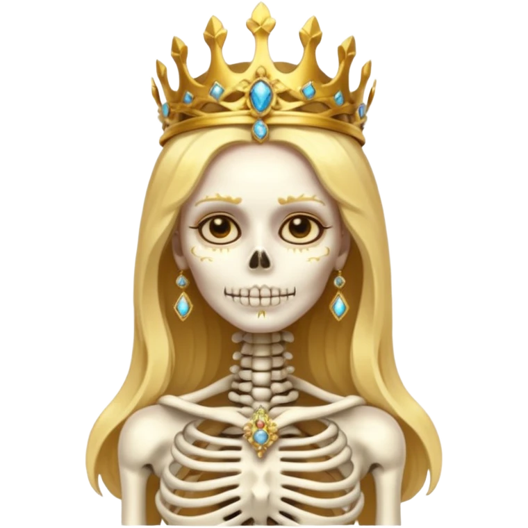 goddess skeleton, regal pose, ornate jewelry, ancient ruins background, divine light emoji