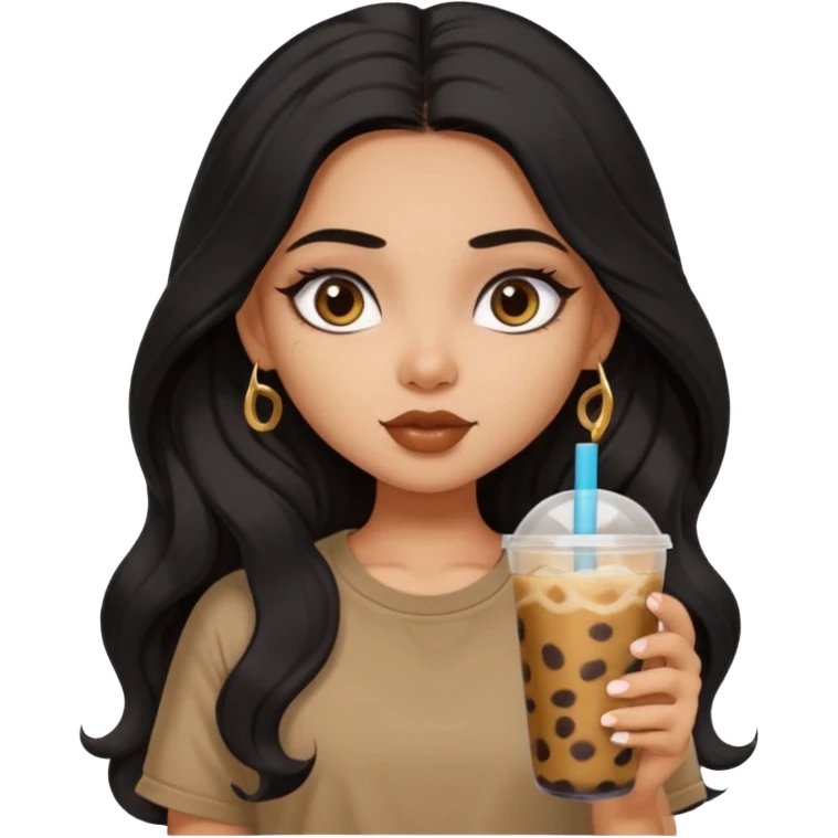 a pretty FAIR indian bratz girl with wavy long black hair, wearing an oversized brown tshirt, drinking boba, eyeliner on emoji
