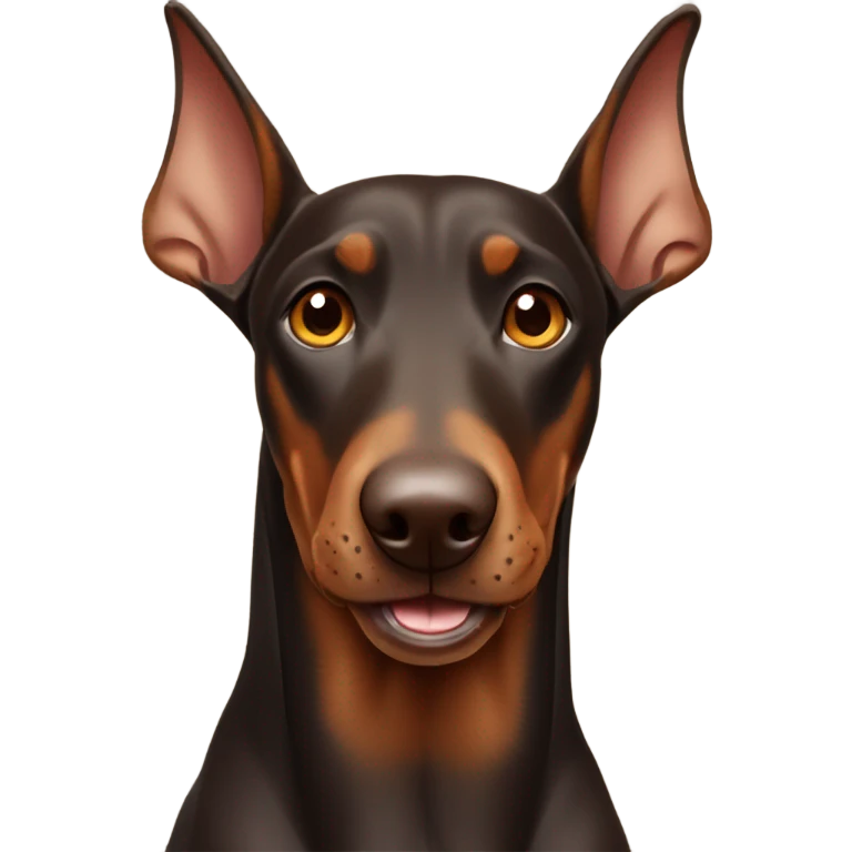 Brown Doberman dog smiling with uncropped ears and light brown eyes emoji