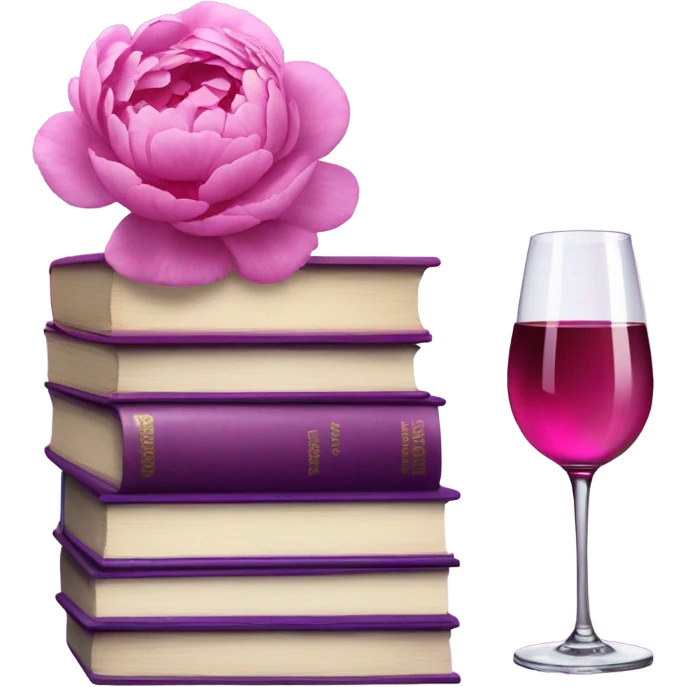 A violet  stack of books with deep pink peonies and a glass of pink wine emoji