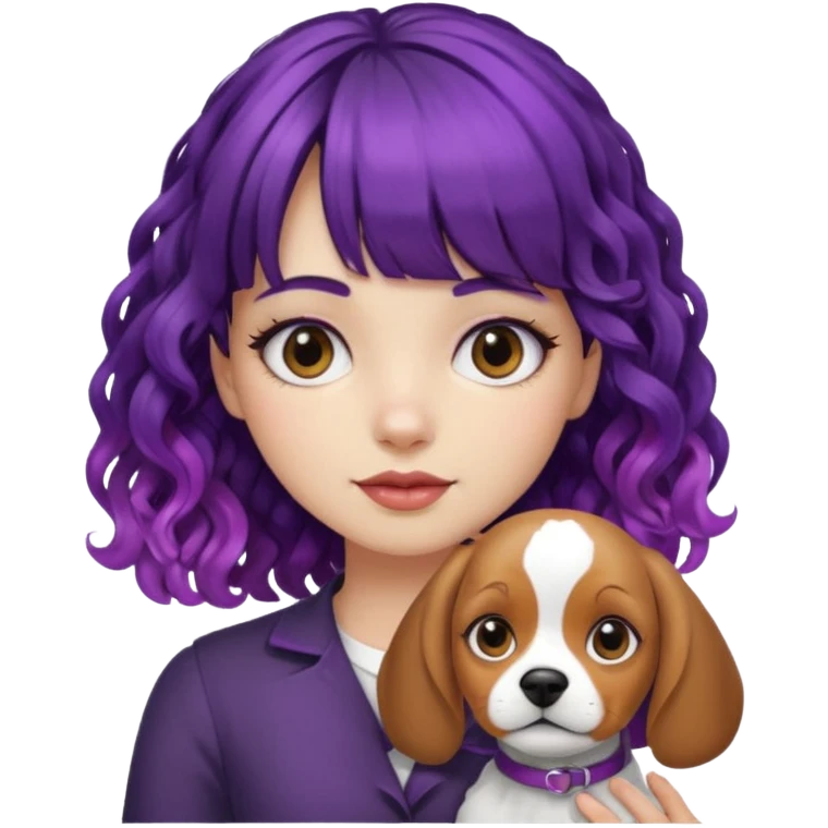 Girl with curly hair with purple roots and black ends and blunt bangs holding a beagle emoji