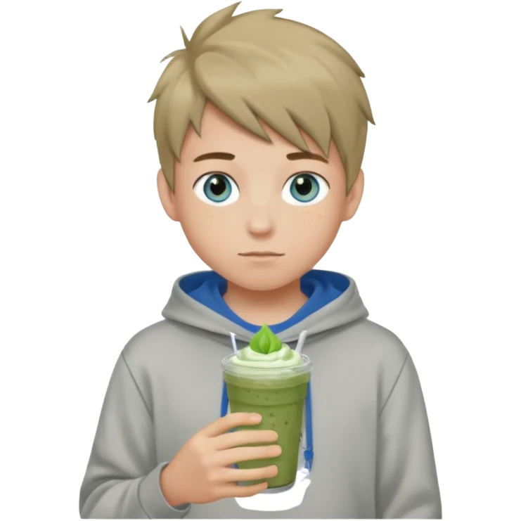 Boy who holds iced matcha has blue eyes and dark blonde hair. Wears grey streetwear hoodir emoji