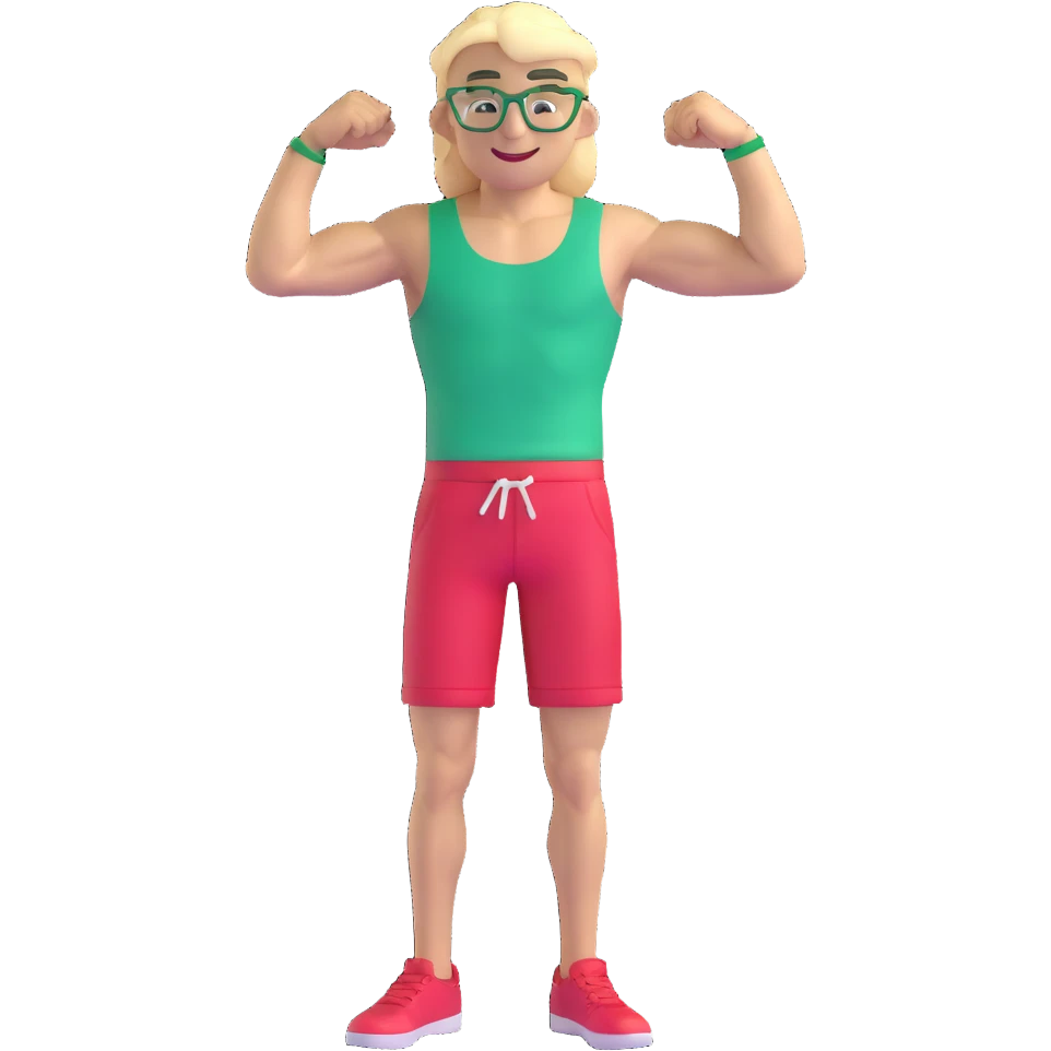 Scrawny thin man with black and white cap, skinny bare torso, red shorts, clear glasses, messy light blond mullet hairstyle, smiling and flexing small muscles emoji