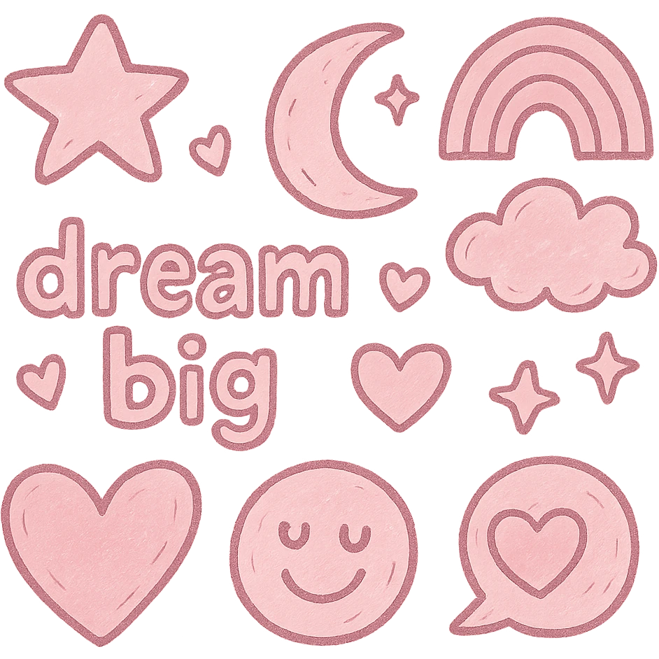 trendy pink aesthetic sticker collection with pastel pinks, cute doodles, hearts, stars, dreamy accents emoji