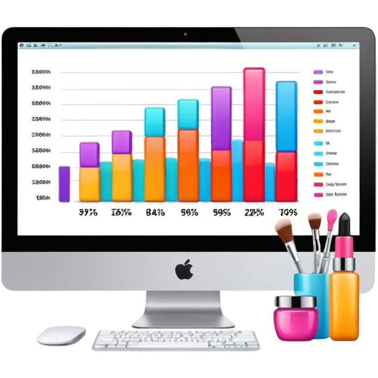 iMac computer with bar charts and beauty products inside the screen emoji