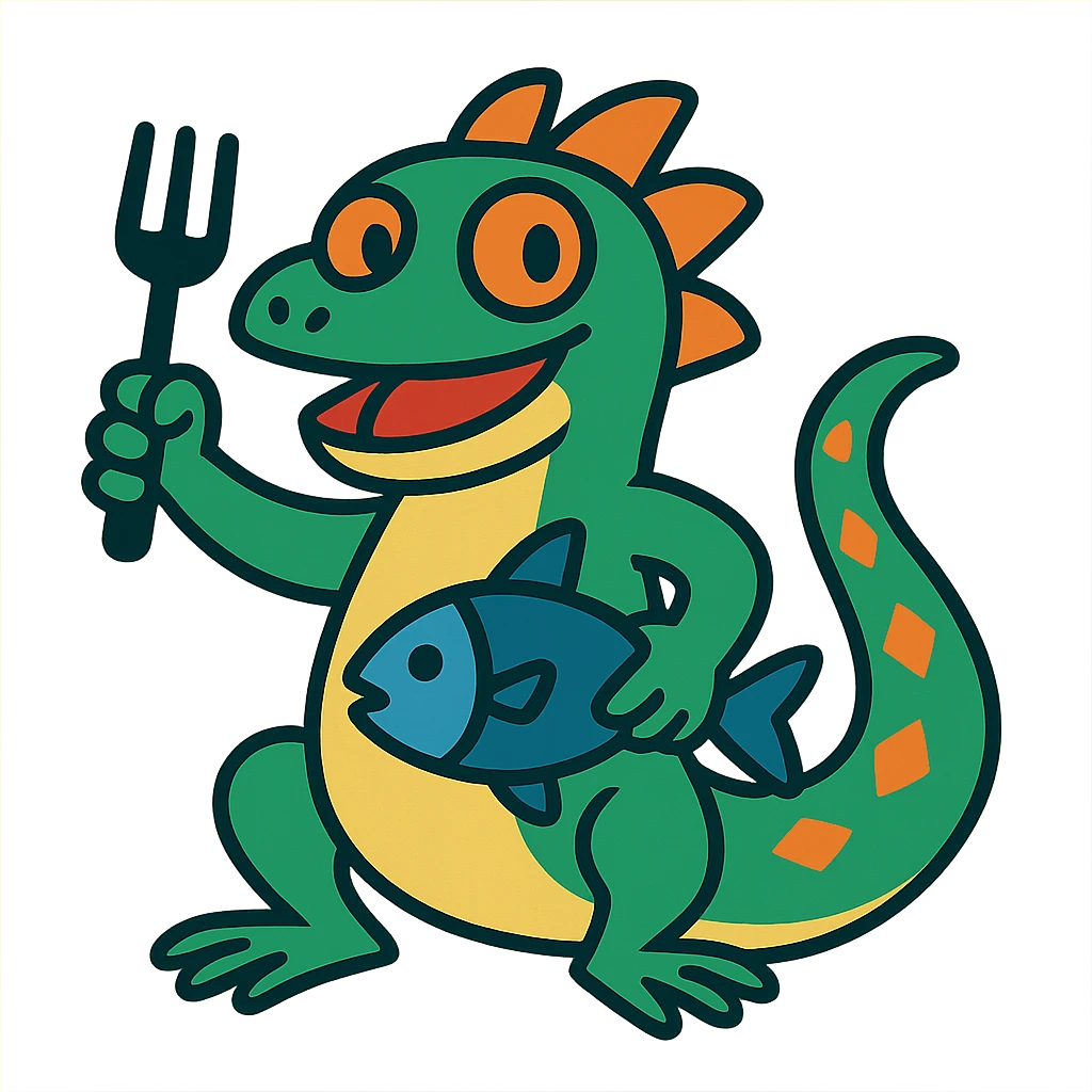 playful lizard character, clutching a fork and a fish, vibrant colors emoji