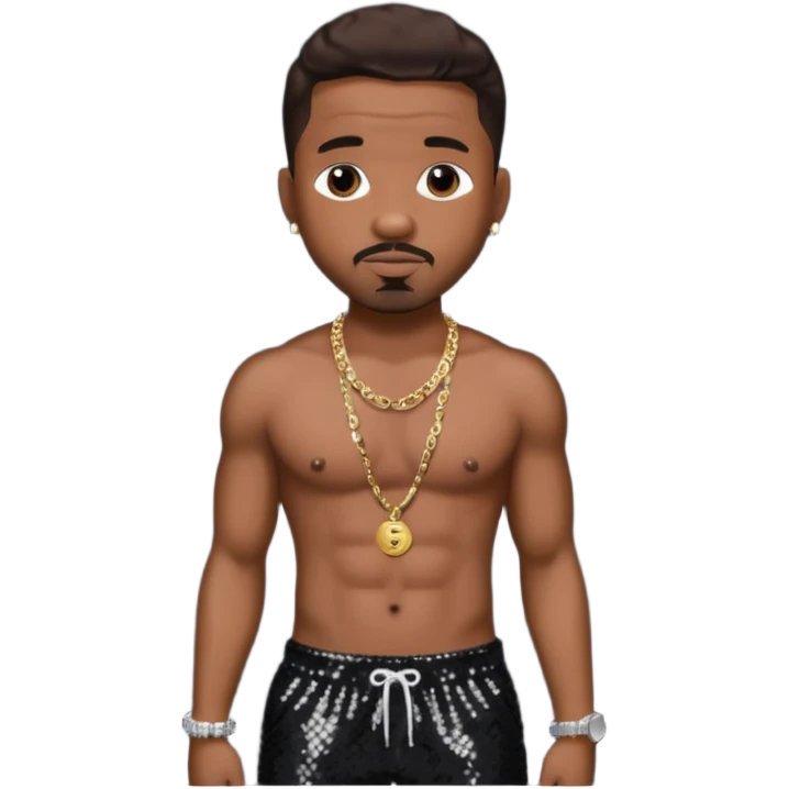 Stevie J, Record Producer with dark brown hair, black sequin baggy pants, shirtless with necklace emoji