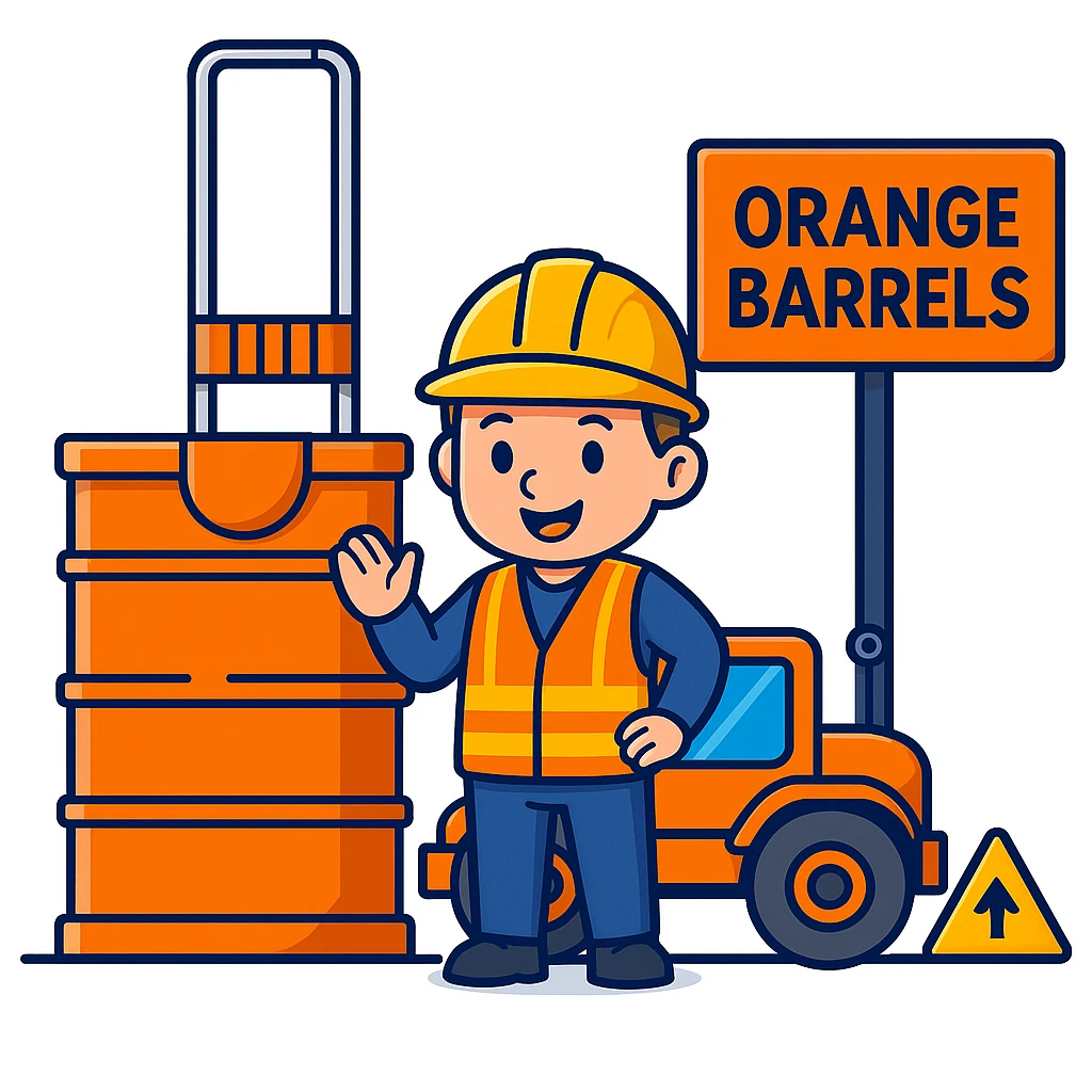 Add a friendly cartoon construction worker standing next to the orange road construction barrel and the 'Orange Barrels' sign. The worker should wear a yellow hard hat and a safety vest, matching the playful, bright cartoon scene. emoji
