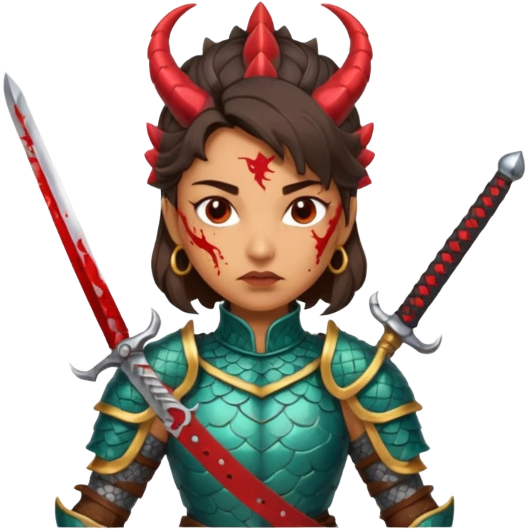 Fierce Latina in armor with a sword after a battle cutting off the head of a dragon emoji