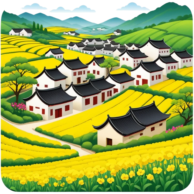 Wuyuan countryside spring flowers and traditional houses Jiangxi, simplified emoji style with bold outlines and bright colors, cartoon style rural village with yellow rapeseed flowers emoji