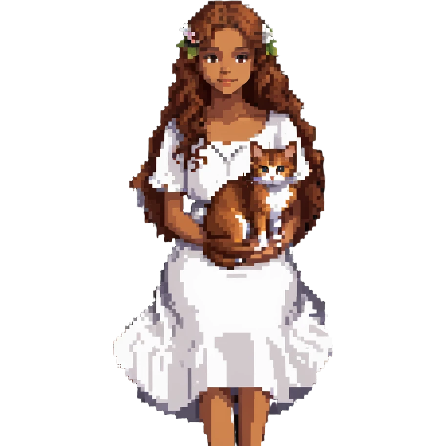 beautiful girl with curly long brown hair in a white dress holding an Abyssinian cat with reddish-brown fur, sitting on a swing emoji