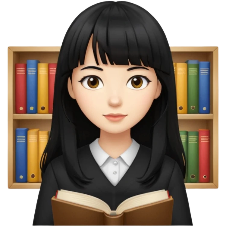 lecture girl with straight bangs fringe long black color hair with lots of books emoji