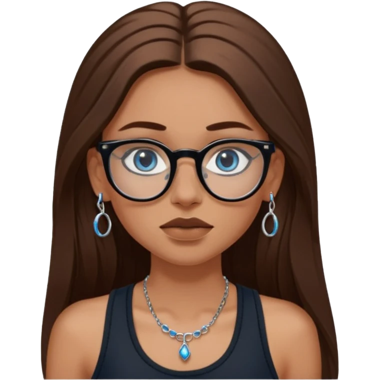 White girl with long brown hair, part going more to the RIGHT side, BLUE eyes, wearing BLACK plastic frame glasses. SEPTUM nose piercing hoop (at bottom of nose) AND stud nose piercing on right side of nose. Wearing BLACK tank top. No other jewelry emoji