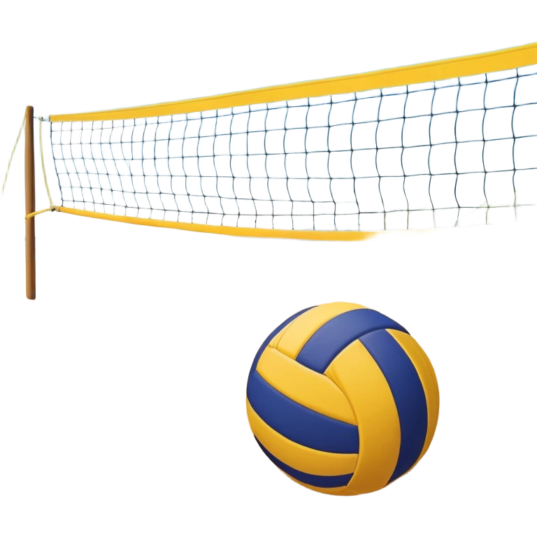 A volleyball resting on the yellow sand on a beach, with the net in the background and a scenic view of the ocean and sky. The scene captures the relaxed yet competitive vibe of beach volleyball, with warm sunlight and the natural beauty of the beach. emoji
