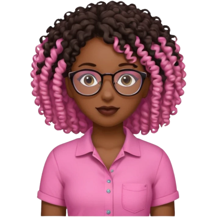 Black girl with curly hair with glasses wearing a pink shirt that’s cut on the side  emoji