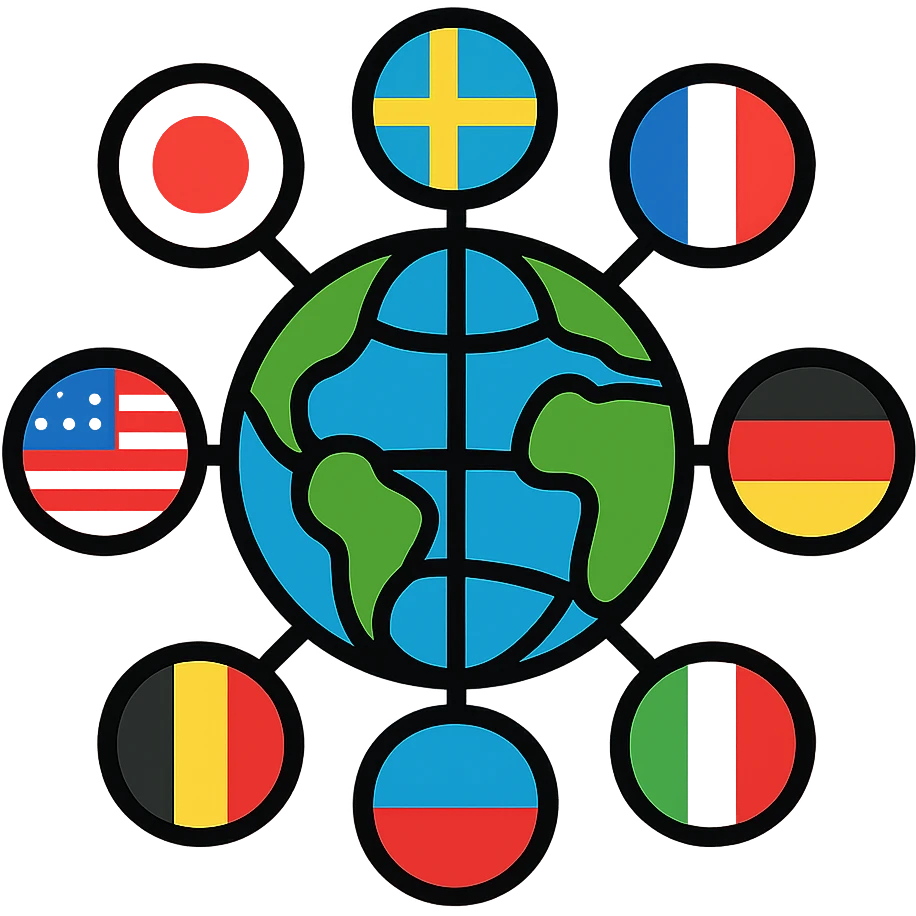 Colorful linear globe with various country flags placed around it representing different nations emoji