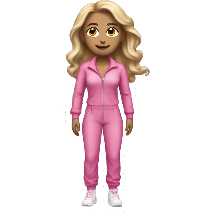 Woman dark matt blonde hair  pink  full body jumpsuit flying emoji