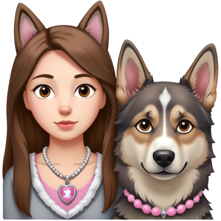 Girl with Brown long hair with husky white and grey and pink necklace for the husky and a german sheperd  emoji