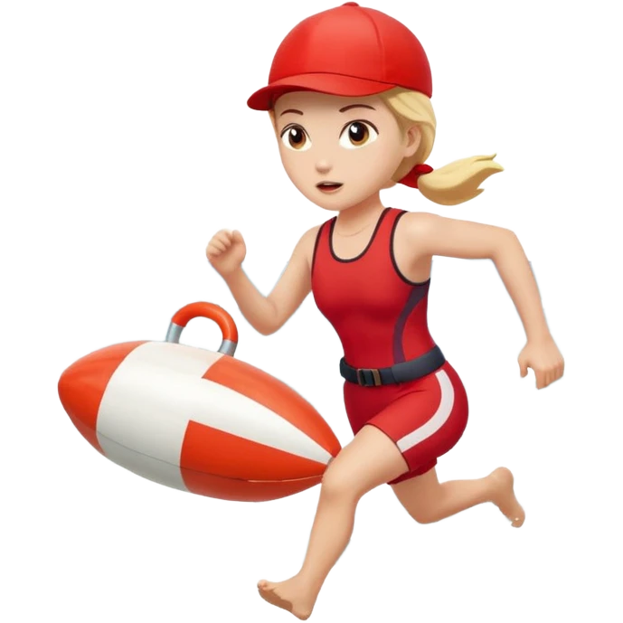 Female lifeguard – red cap, running along shore with rescue buoy emoji