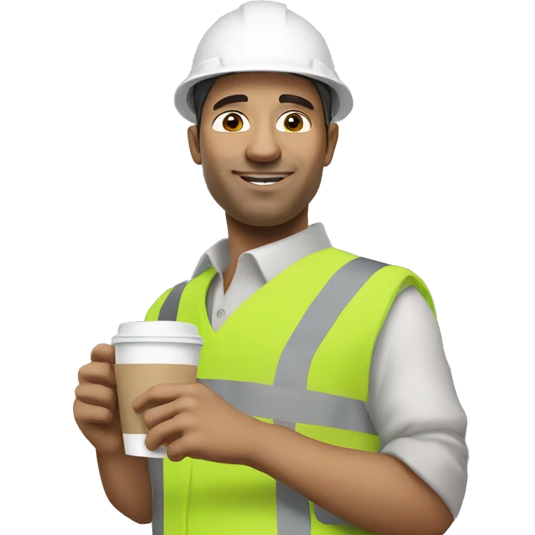 Civil engineer with white helmet holds coffee emoji