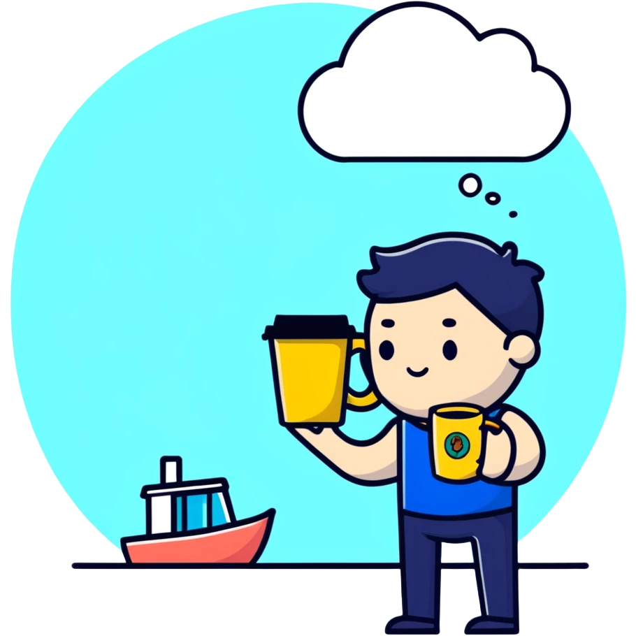 tired worker with coffee mug and thought bubble of beach emoji