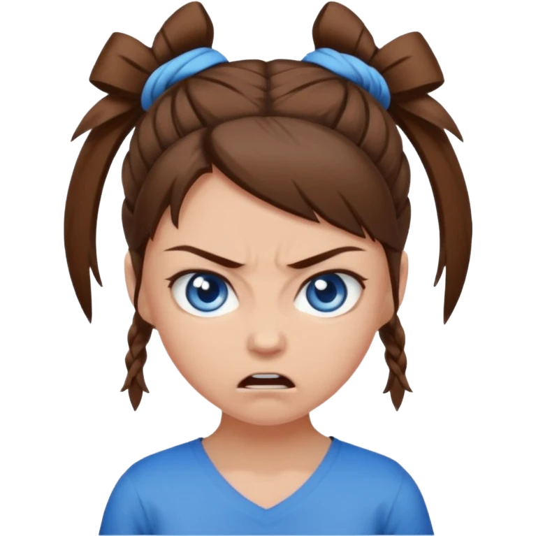 girl with blue eyes, brown hair tied up, angry emoji