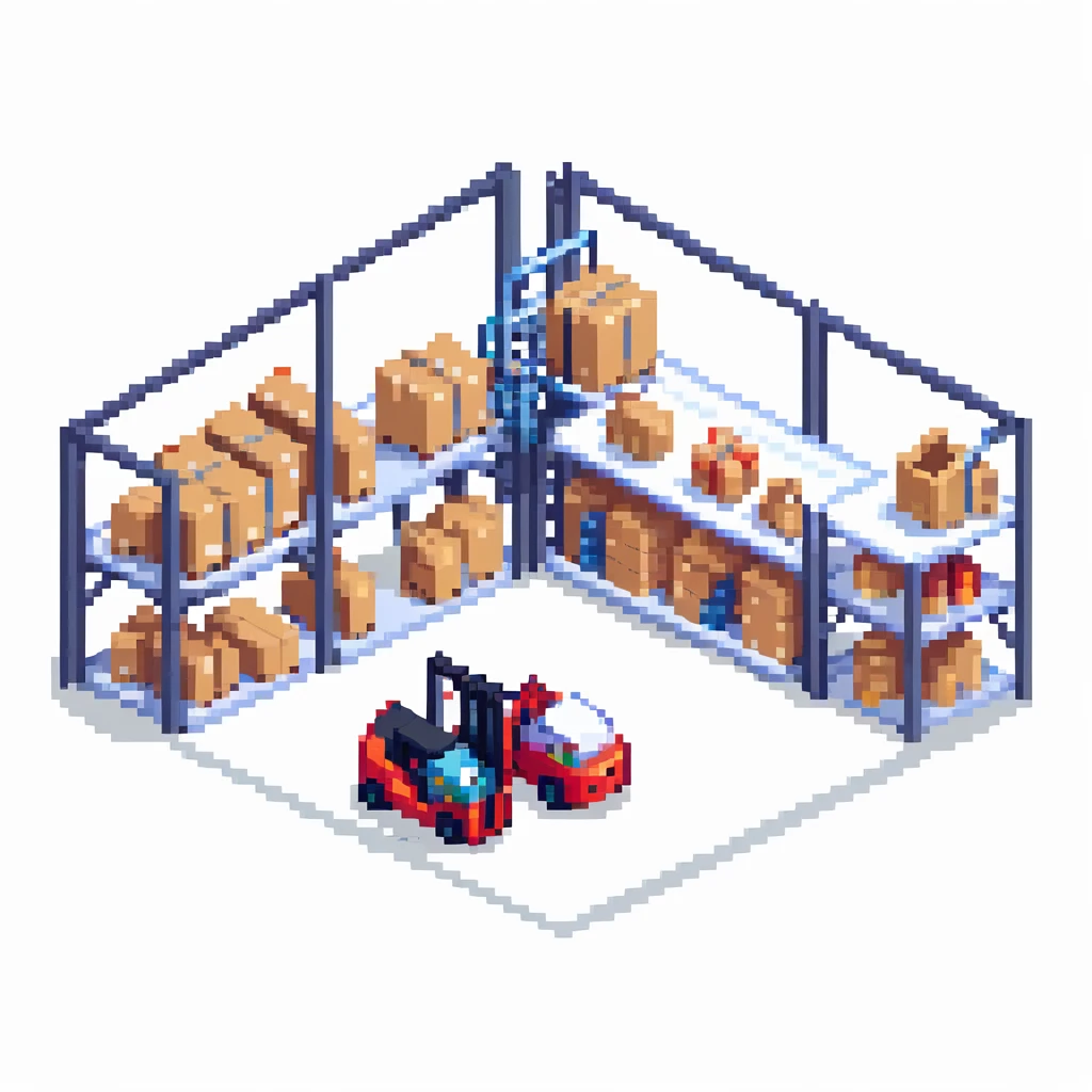 Single story warehouse in isometric perspective with forklift and storage racks emoji