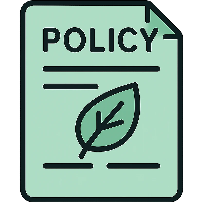 Skeuomorphic policy document icon with mint green #B5F4D3 and black #111111 color scheme, showing a document with environmental policy elements, clean symmetric design with subtle depth and soft light emoji