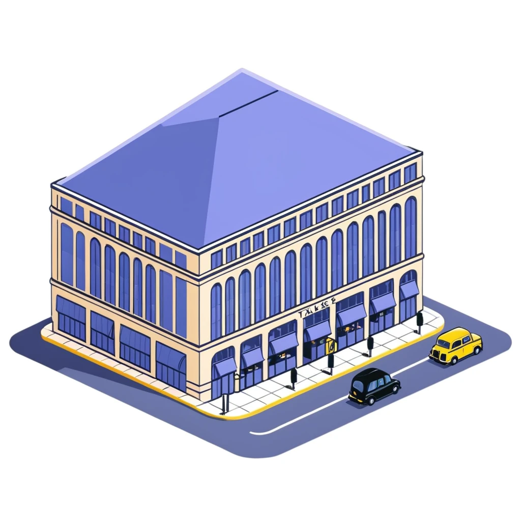Isometric Marks & Spencer food hall building exterior with typical British architecture, covered entrance, and car park with black London taxi emoji