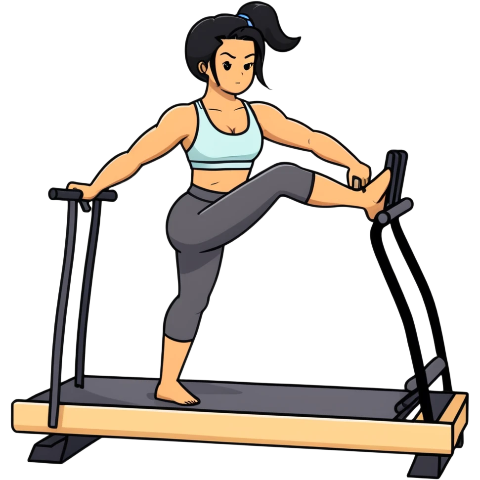 woman with tanned skin, long black hair, wearing a sports bra, doing Pilates on a reformer machine emoji