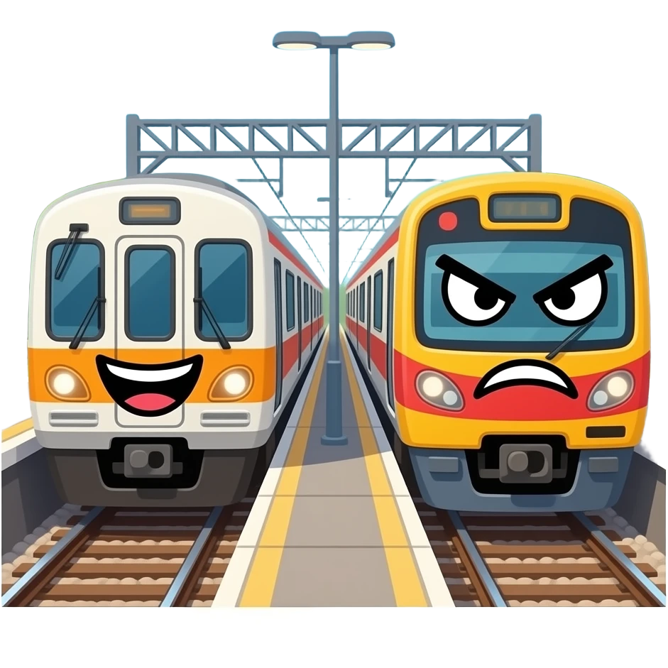 2 train at the station in a sunny day with doodle faces the first train laughing and the angry face on the other train emoji