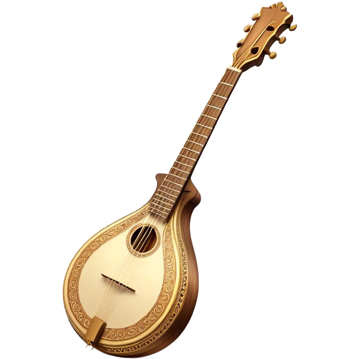 Bouzouki – Cinematic Realistic Bouzouki, depicted as a beautifully crafted Greek string instrument with a long neck and ornate fretwork, its polished wooden body reflecting warm golden light, set on a rustic background with soft shadows that evoke traditional Mediterranean music. emoji