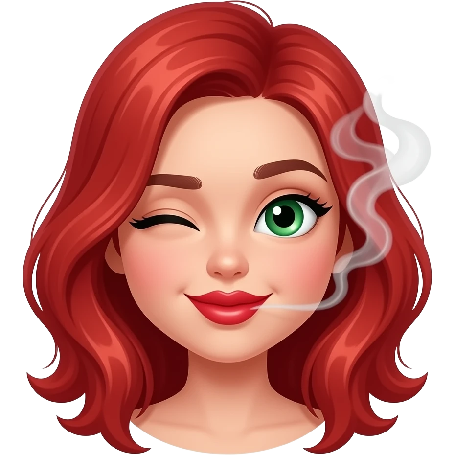Ruby red  haired girl. With smoke. Green eyes. Smiley and flirty. No bangs. Red lips. Heart emoji. Kissing emoji. Winking. Blowing kisses emoji