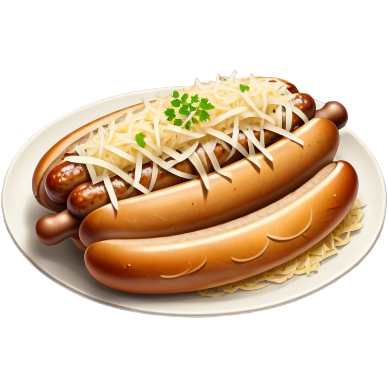 Bratwurst Cinematic Realistic Bratwurst Dish Emoji, depicted as a grilled bratwurst topped with a generous serving of shredded sauerkraut, rendered with rich textures and dynamic, appetizing lighting. emoji