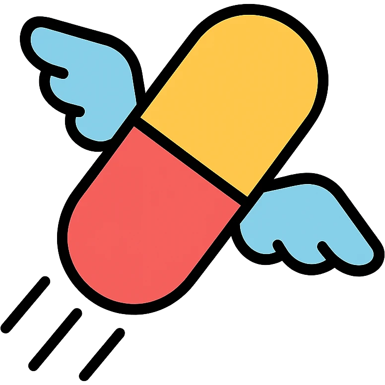 Medicine pill or capsule with small wings attached flying through the air emoji
