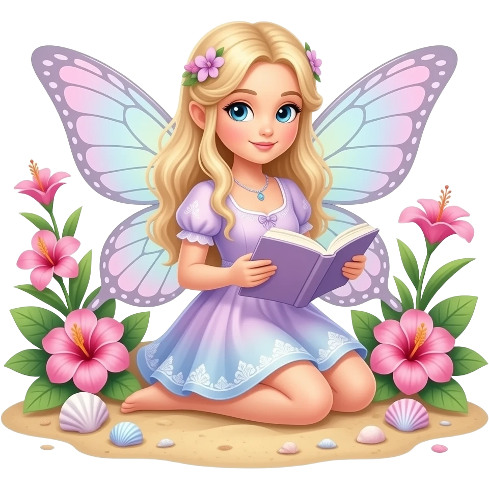 Beautiful fairy with butterfly wings reading a book on the beach, surrounded by pink tropical flowers, seashells, and soft pastel fantasy details Beautiful fairy with butterfly wings reading a book on the beach, surrounded by pink tropical flowers, seashells, and soft pastel fantasy details emoji