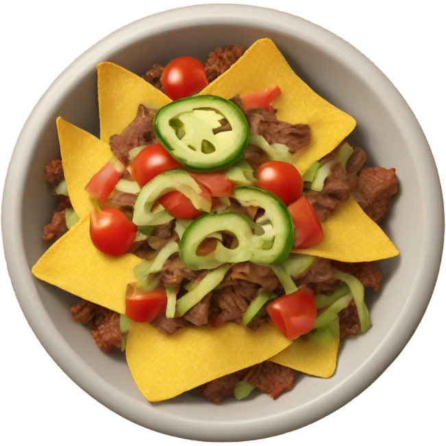 Nachos in a bowl with beef, lettuce, tomatoes, jalapeños emoji
