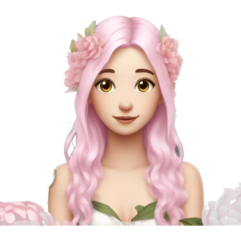 Beautiful, peony, fairy, white long, light pink hair, big wings, fair skin emoji