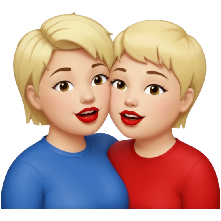 Chubby lesbian with medium brunette hair kissing tall butch lesbian with huge teeth and blonde short hair emoji