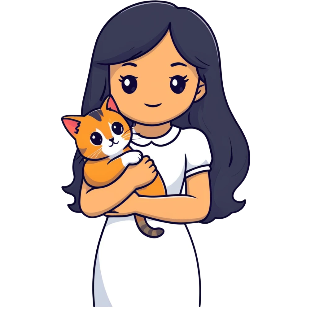 A beautiful girl with long black hair wearing a white dress holds an Abyssinian cat in her arms emoji