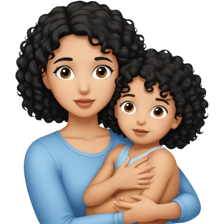 A girl with black curly hair holds a child in her arms emoji