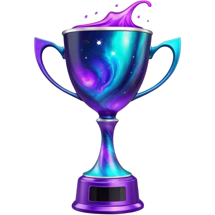 A futuristic alien trophy cup with swirling cosmic nebula colors, purple, blue and teal galaxy patterns emoji