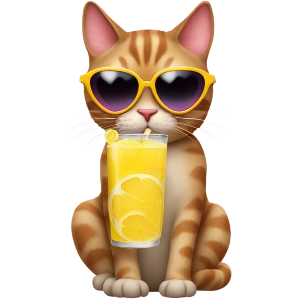 Cat drinking lemonade wearing sunglasses shaped like hearts emoji