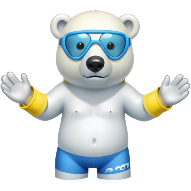friendly anthropomorphised polar bear standing in a small puddle, wearing baggy board shorts, inflatable swimming armbands, scuba mask over eyes emoji