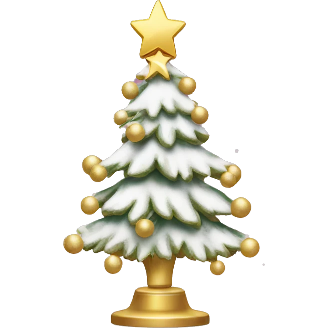 Girlie Christmas tree with snow and pink ornaments and a gold tree topper emoji