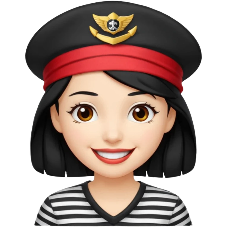 marinera de pelo negro piel blanca con camisa a rayas blanco y negro y pañuelo rojo y gorra de capitana y sonrisa alegre emoji