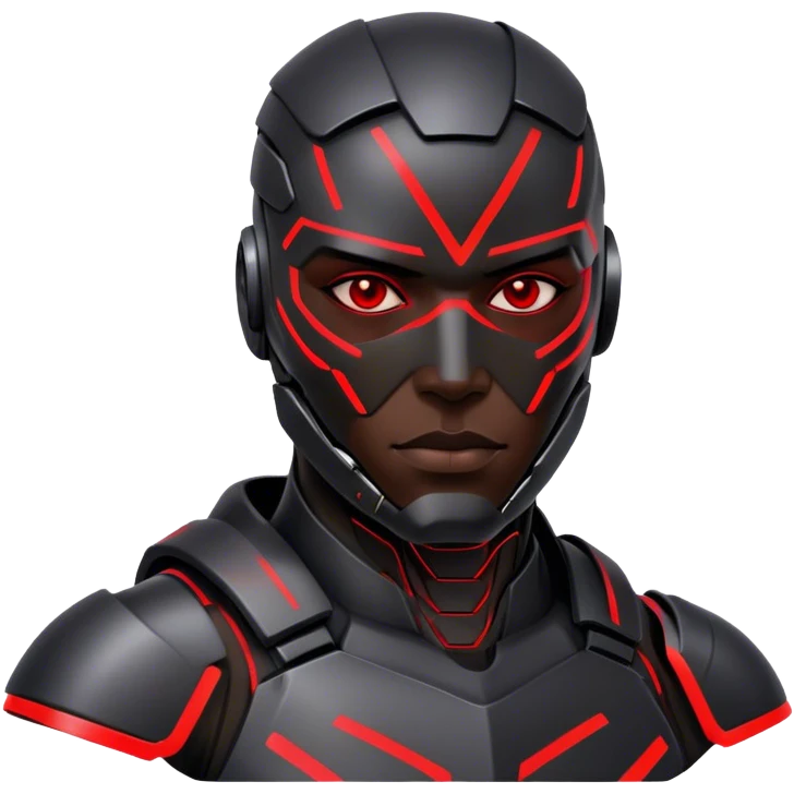 A cyber-warrior with a half-metallic face, neon red lines tracing his black armored skin emoji