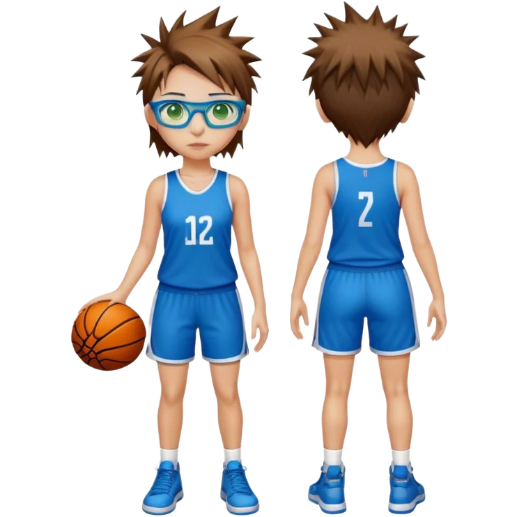 Full Body Girl with basketball short spikey brown hair with blond highlights wearing blue glasses with green eyes emoji
