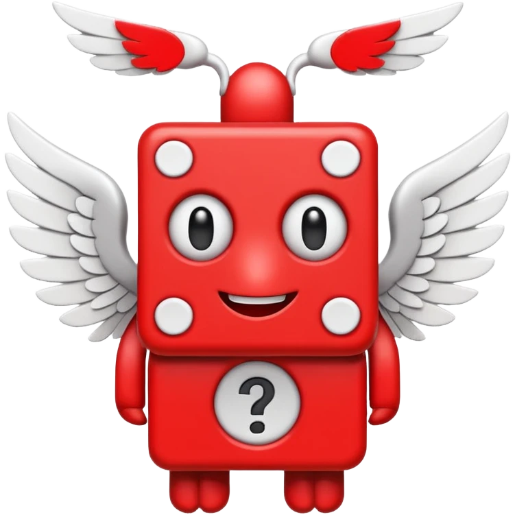 A blocky red creature with white wings and question marks on its eyes. emoji