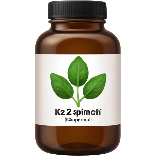 brown glass bottle of supplements with white label, black thin title K2 and small spinach emoji emoji